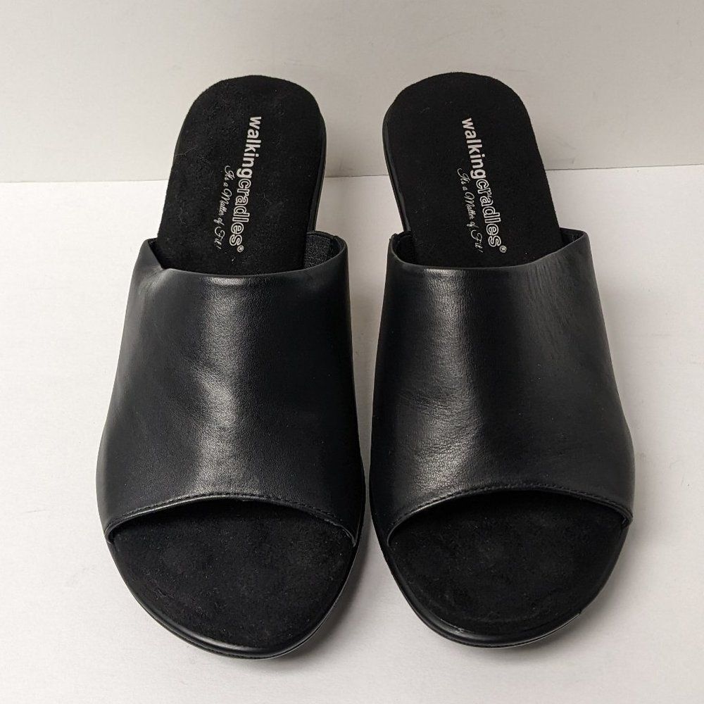 Walking Cradles Lynn Wedge Sandal Mules, Black Leather, Cork trim, Sz 9W - Picture 4 of 10